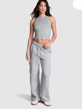 VS PINK Fleece Wide Leg Cargo Sweatpants Heather Grey size XL EUC (worn 2x)